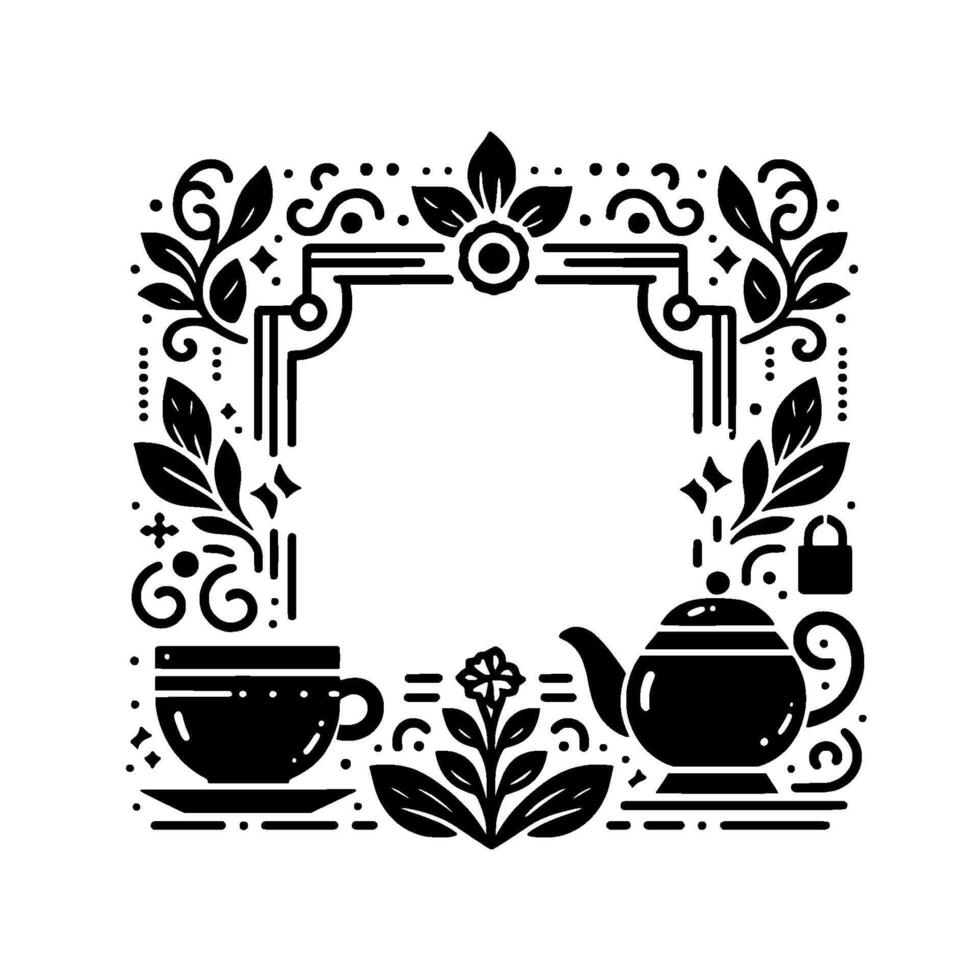 Intricate Monochrome Illustration Teacup, Teapot, Floral Frame, Ornamental Design, Exuding Calm Serenity. vector