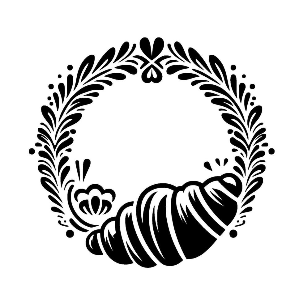 Elegant Black and White Illustration of a Croissant within a Decorative Floral Wreath. vector