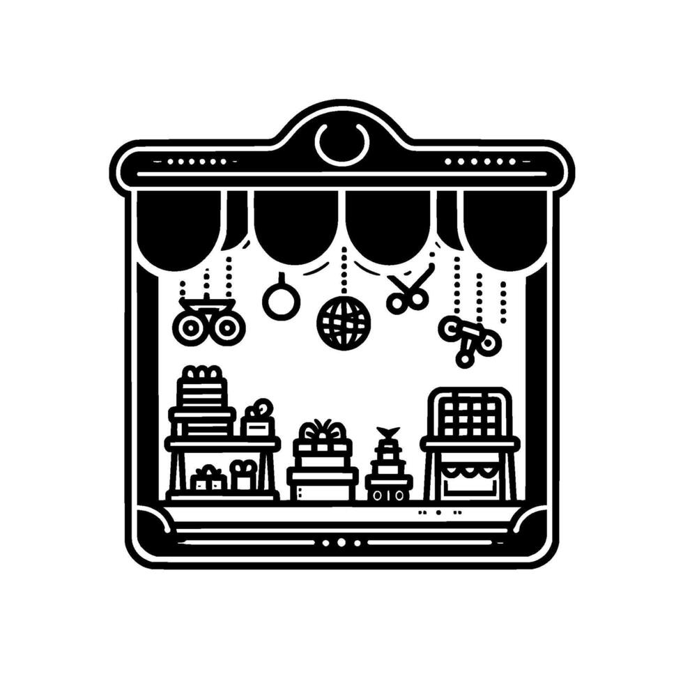 Minimalist Black and White Illustration of a Gift Shop Presents, Ornaments, and Festive Decorations. vector