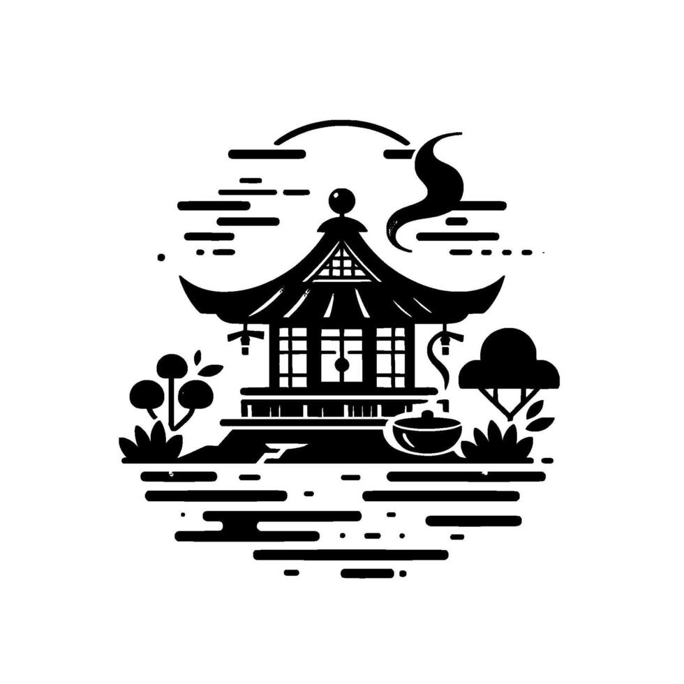 Stylized Japanese Temple Silhouette Amidst Nature, Black White Minimalist Illustration, Peaceful Atmosphere. vector