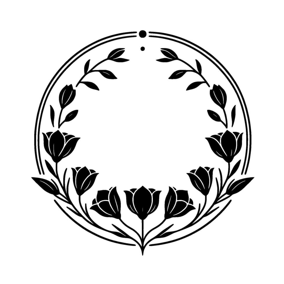 Elegant Black and White Floral Wreath with Tulips, Leaves, and Decorative Elements in a Circular Design, a Sophisticated and Minimalist Emblem. vector