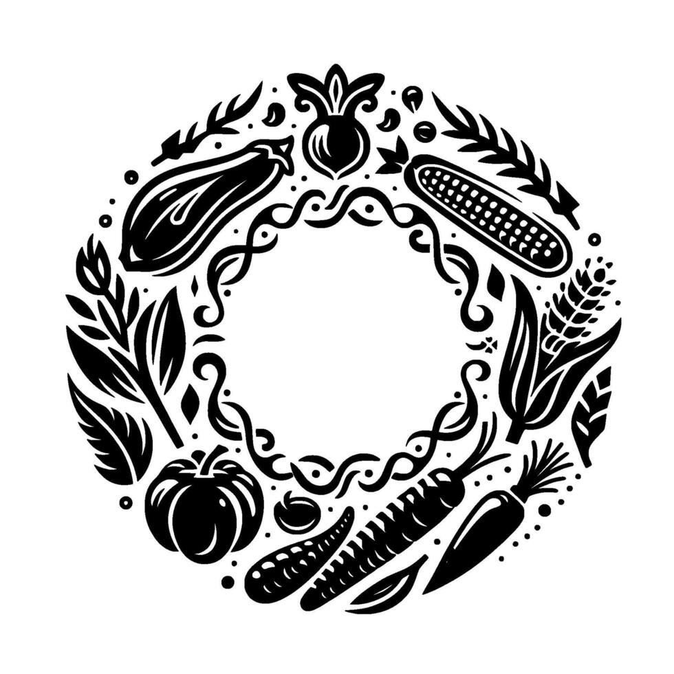 Circular Black White Illustration of Harvest Bounty Vegetables, Wheat, and Corn Framing a Blank Center. vector