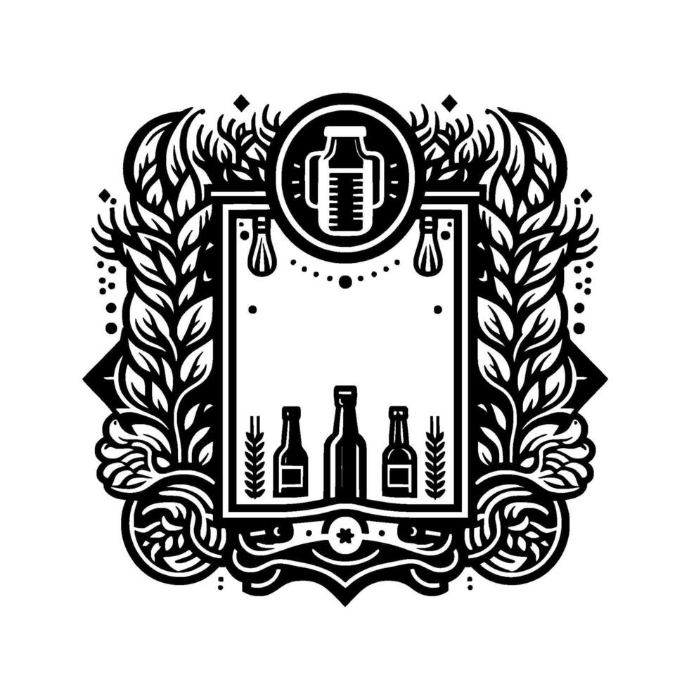 Ornate Black White Beer Label Design A Circular Emblem with a Central Rectangular Board, Flanked by Leaves, Bottles. vector