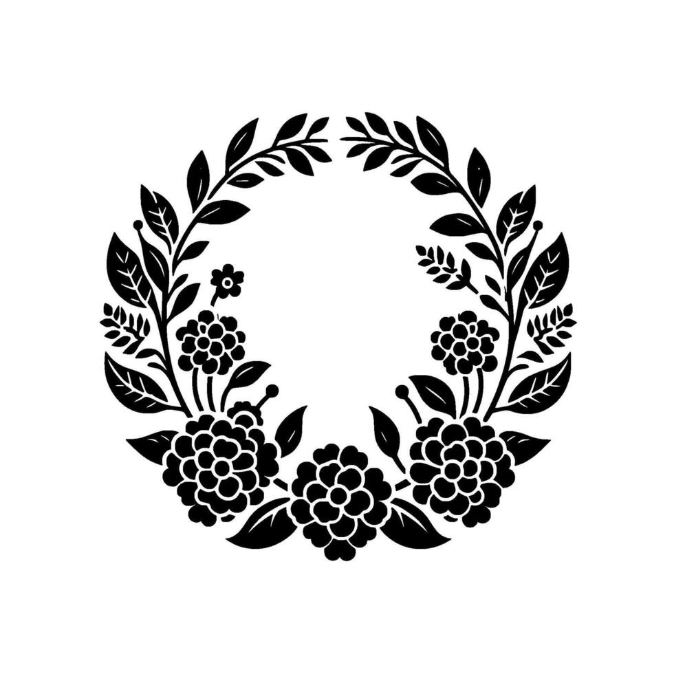 Black and White Floral Wreath with Leaves, Berries, and Flower Blossoms, Simple and Elegant on White Background. vector