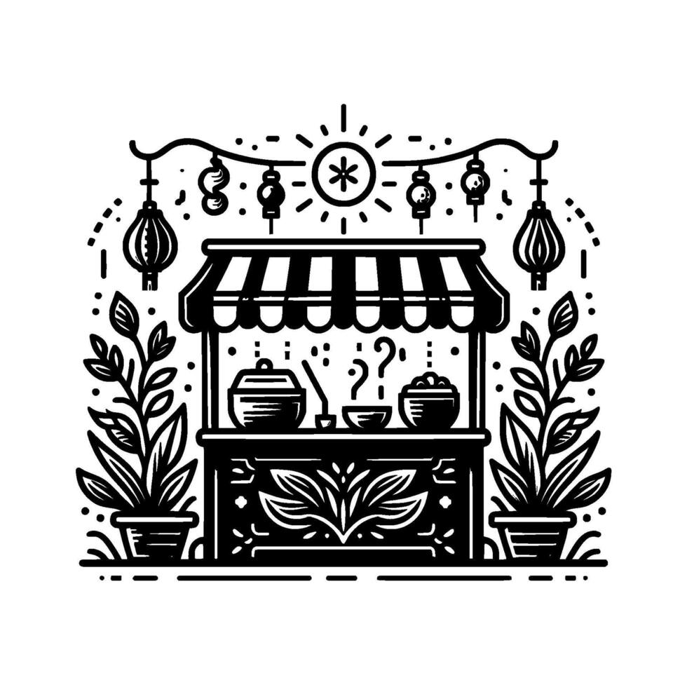 Simplified monochrome illustration of a food stall with hanging lanterns, sunburst, potted plants, and question mark, suggesting culinary choices. vector