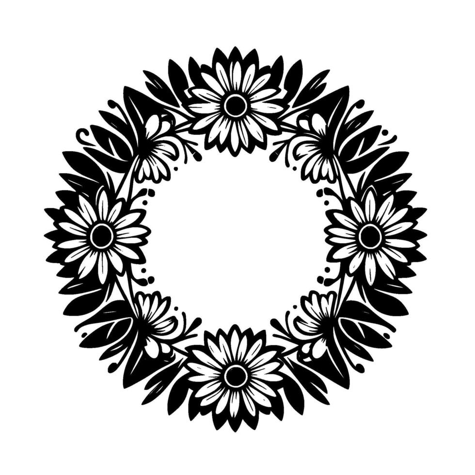 Circular floral monochrome illustration featuring a symmetrical wreath of daisies, leaves, and accents against a clean white backdrop. vector
