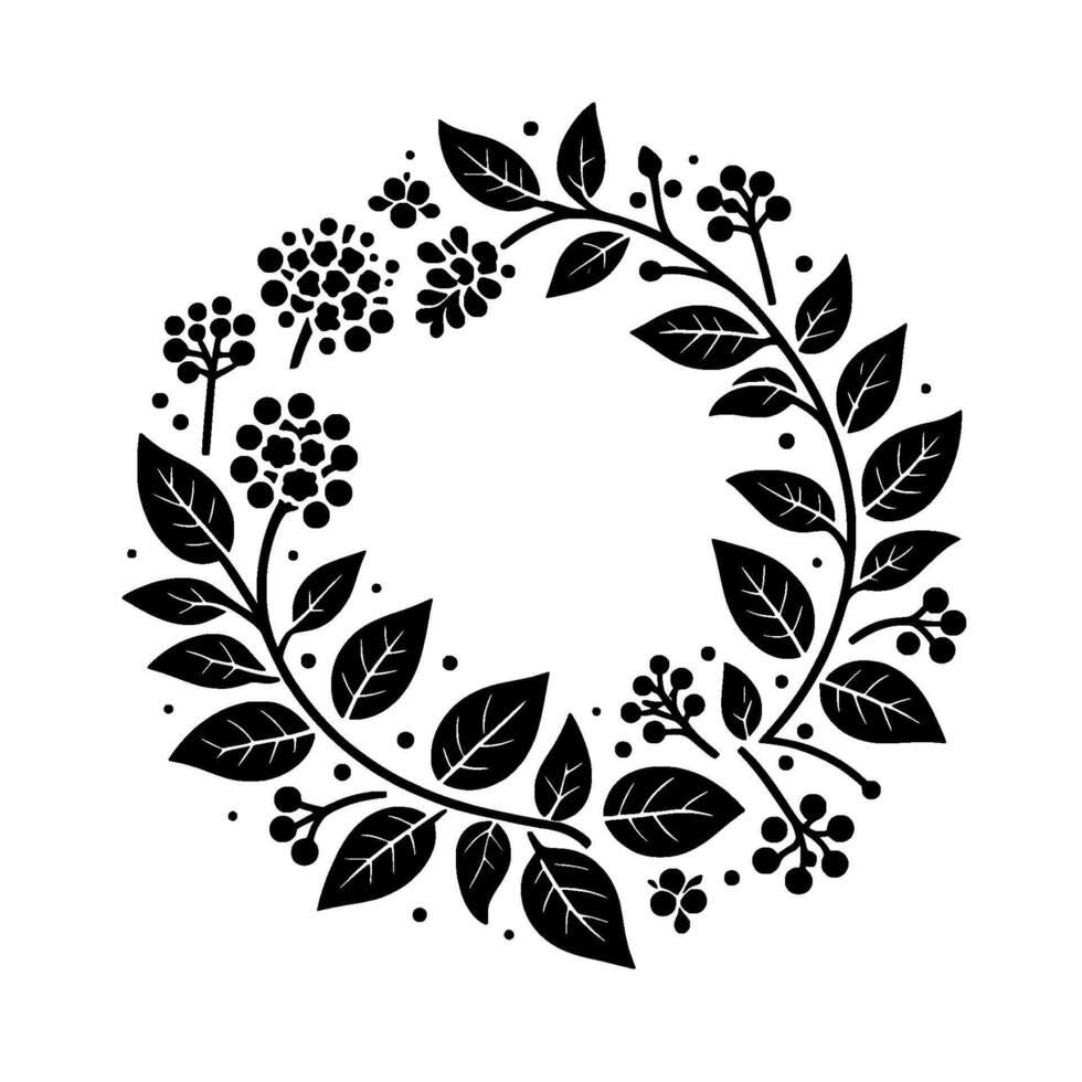 Elegant black and white botanical wreath featuring stylized leaves, berries, and floral elements on a white background. vector