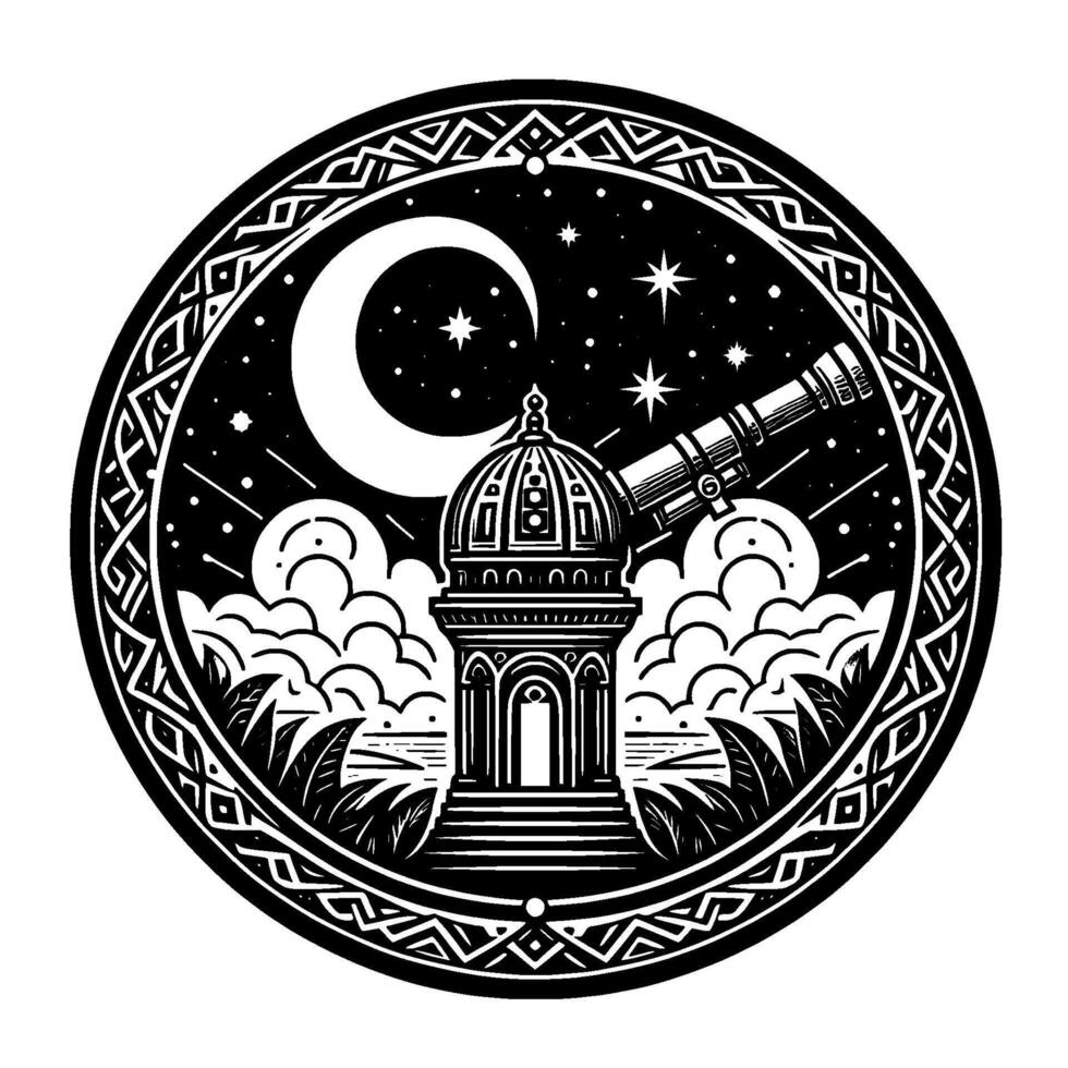 Black and white circular illustration observatory dome under crescent moon, starry sky, palm trees, and ornate border. vector