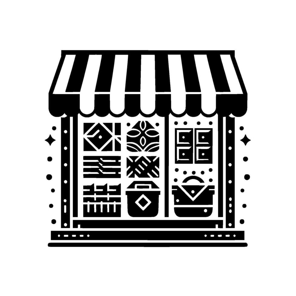 Minimalist Black and White Illustration of a Boutique Shop with Displayed Goods, Awning, and Decorative Elements vector
