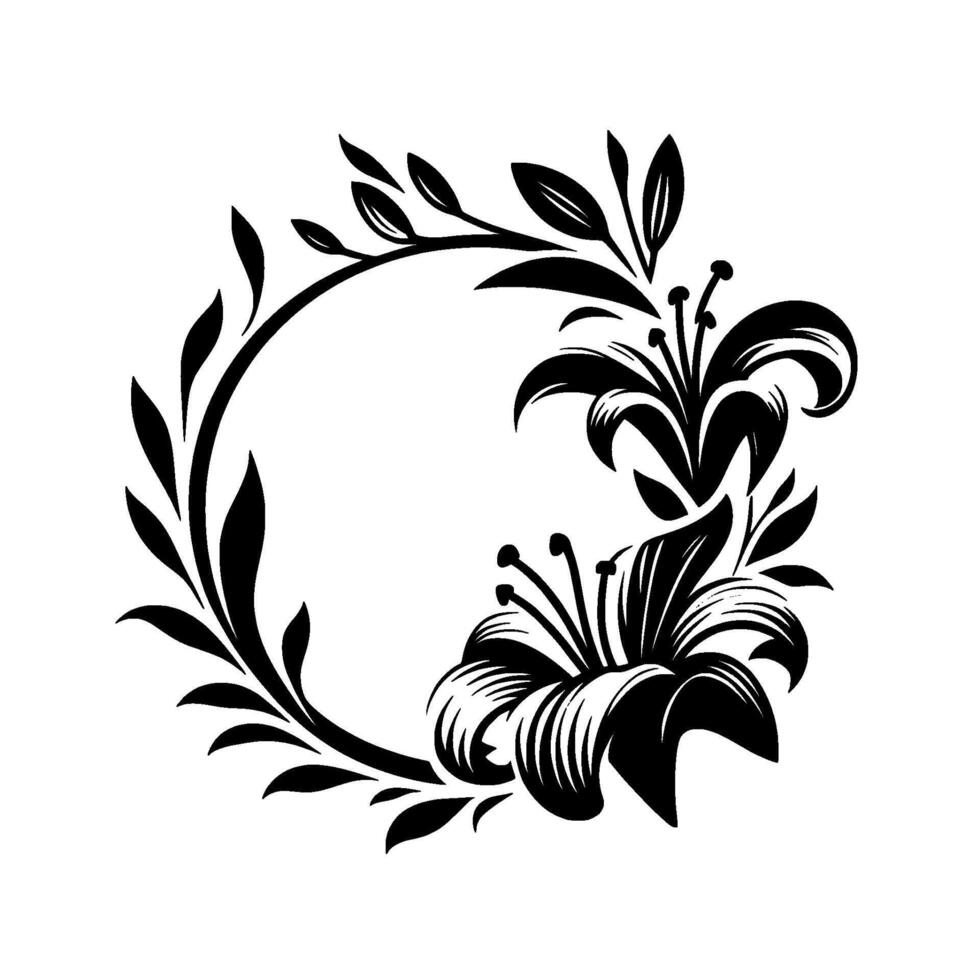 Elegant Black and White Lily Floral Wreath on a White Background, Featuring Detailed Petals, Leaves, and Stems. vector