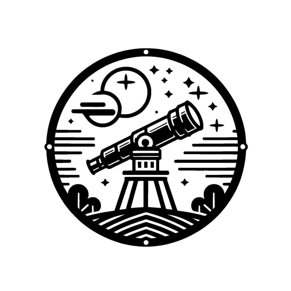 A circular black and white illustration featuring a telescope aimed at stars and planets, embodying astronomys spirit with a vintage aesthetic. vector