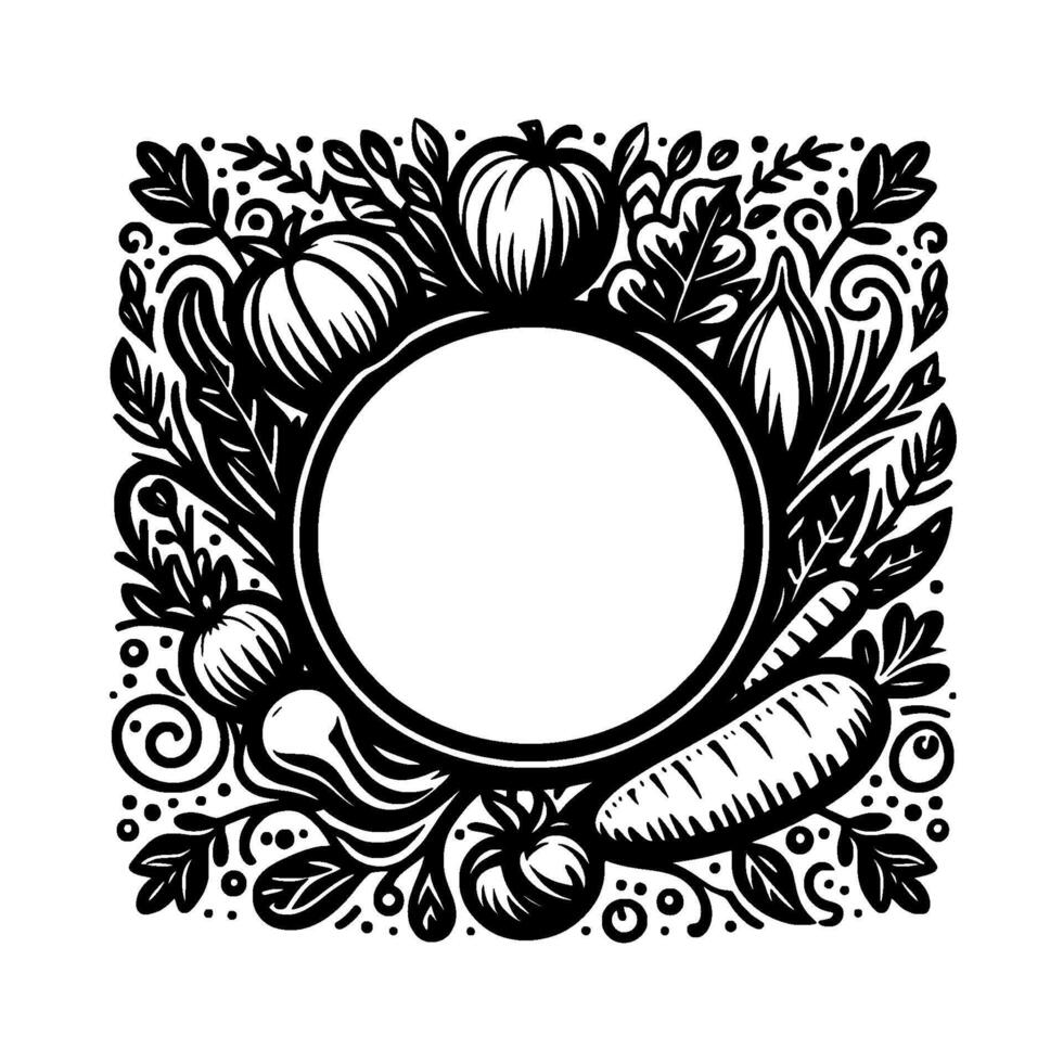 Black and white circular veggie frame with blank center for text or imagery, showcasing a bounty of vegetables and decorative foliage. vector