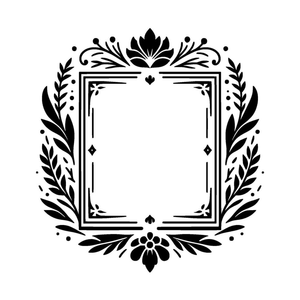 Ornate Black and White Circular Frame with Botanical Elements and a Central Square vector