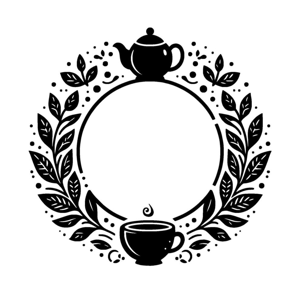 Monochrome TeaThemed Round Frame A stylized circular featuring a teapot, teacup, and leafy embellishments, perfect for invitations. vector