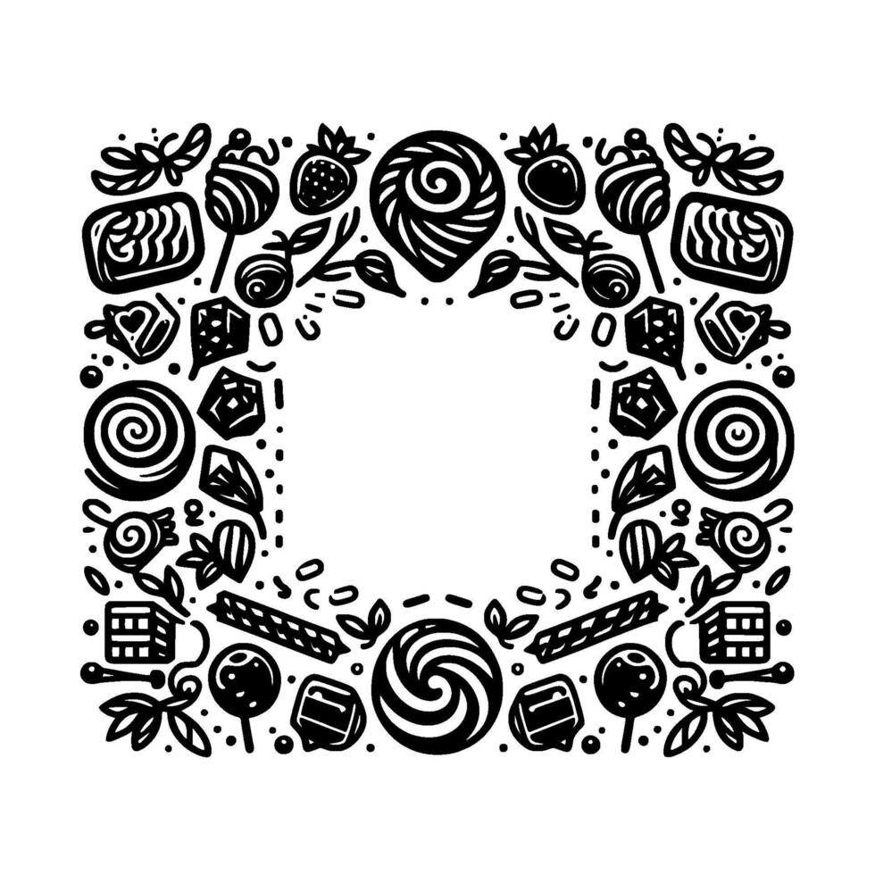 Whimsical Sweet Treats Border A Black and White Illustration Featuring Candies, Lollipops, and Berries in a Square Frame with Negative Space Center. vector