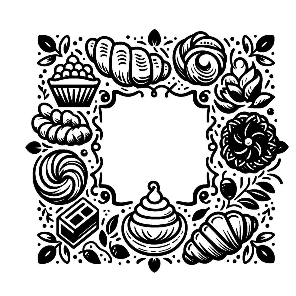 Black and white linear illustration of various baked goods framing an open space, all bordered by floral elements. vector