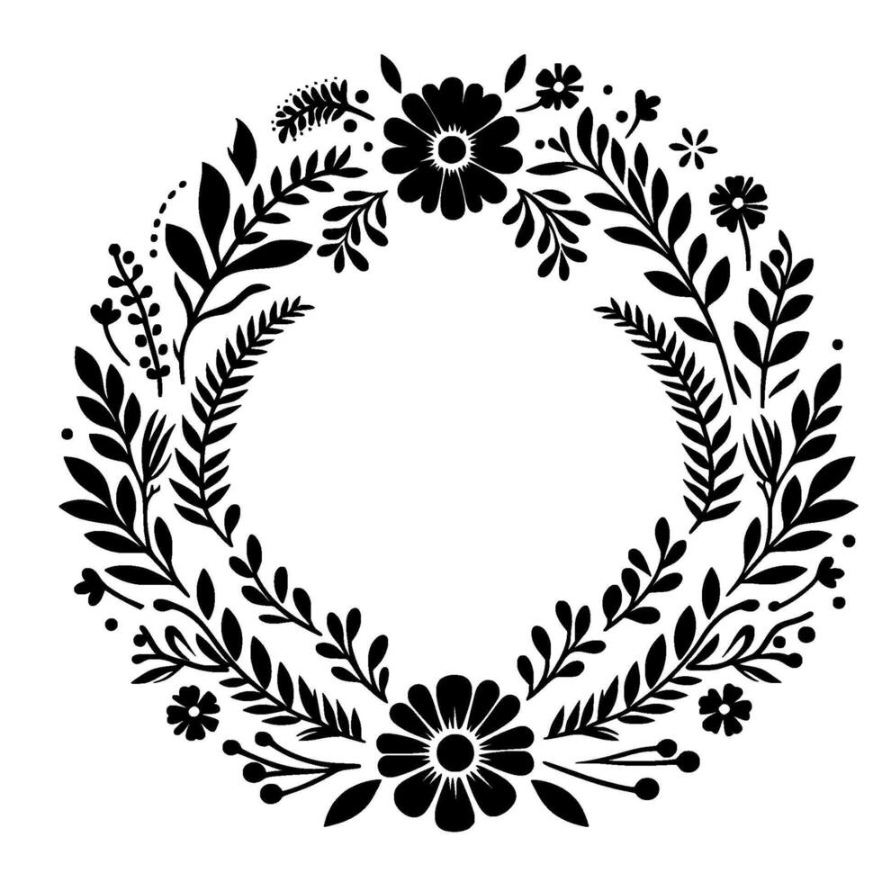 Black and white minimalist floral wreath illustration composed of flowers, leaves, and foliage, perfect for a rustic or countrystyle design, with a circular composition and a clean, modern aesthetic. vector