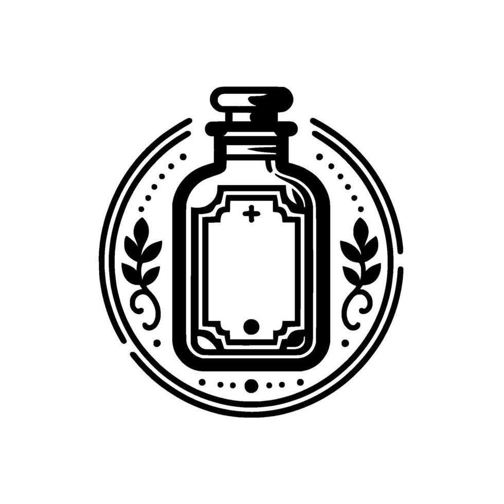 A vintagestyle black and white emblem featuring a decorative potion bottle surrounded by a dotted circle and floral elements. vector