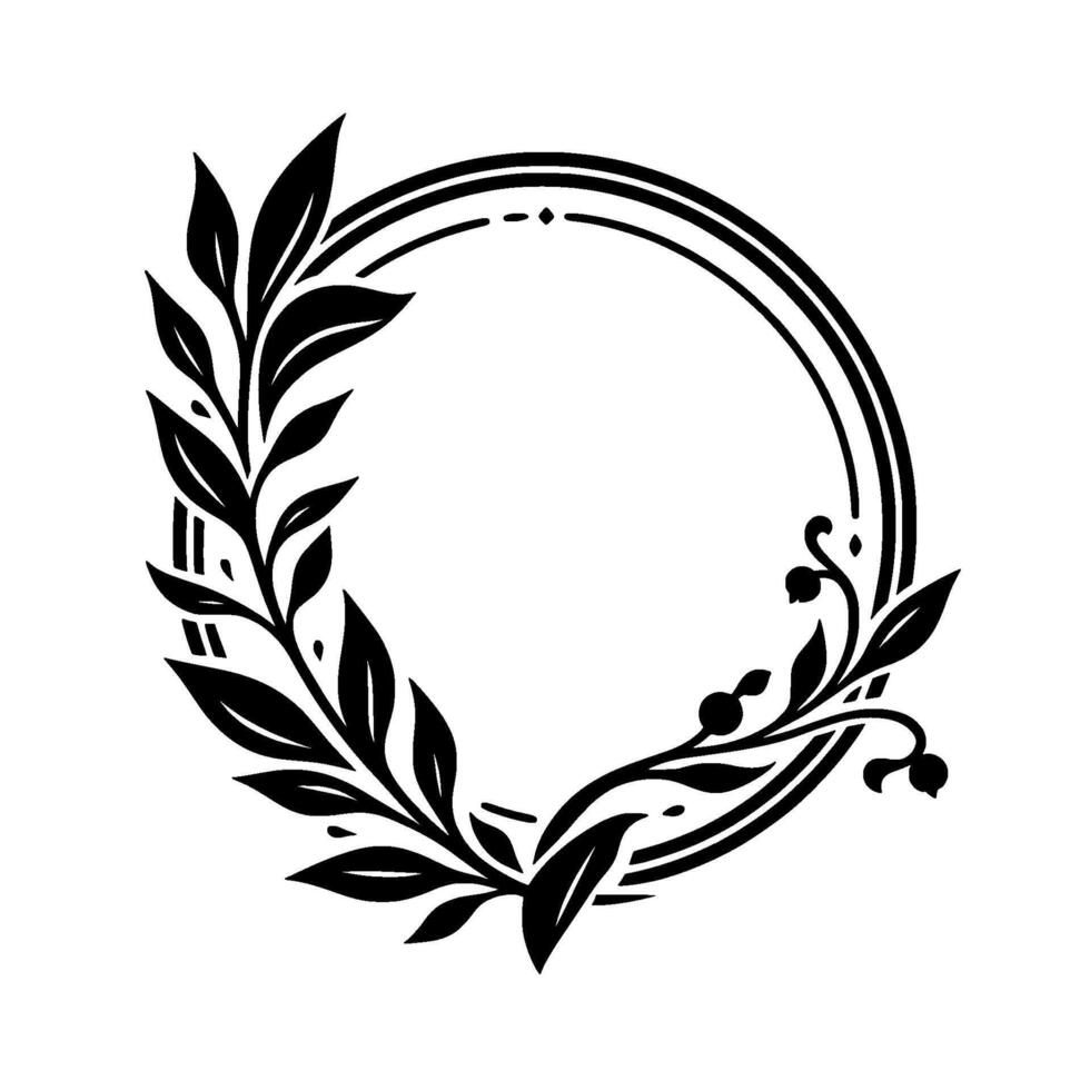Ornate Black and White Circular Laurel Wreath Frame with Detailed Leaf and Berry Flourishes, Isolated on White. vector