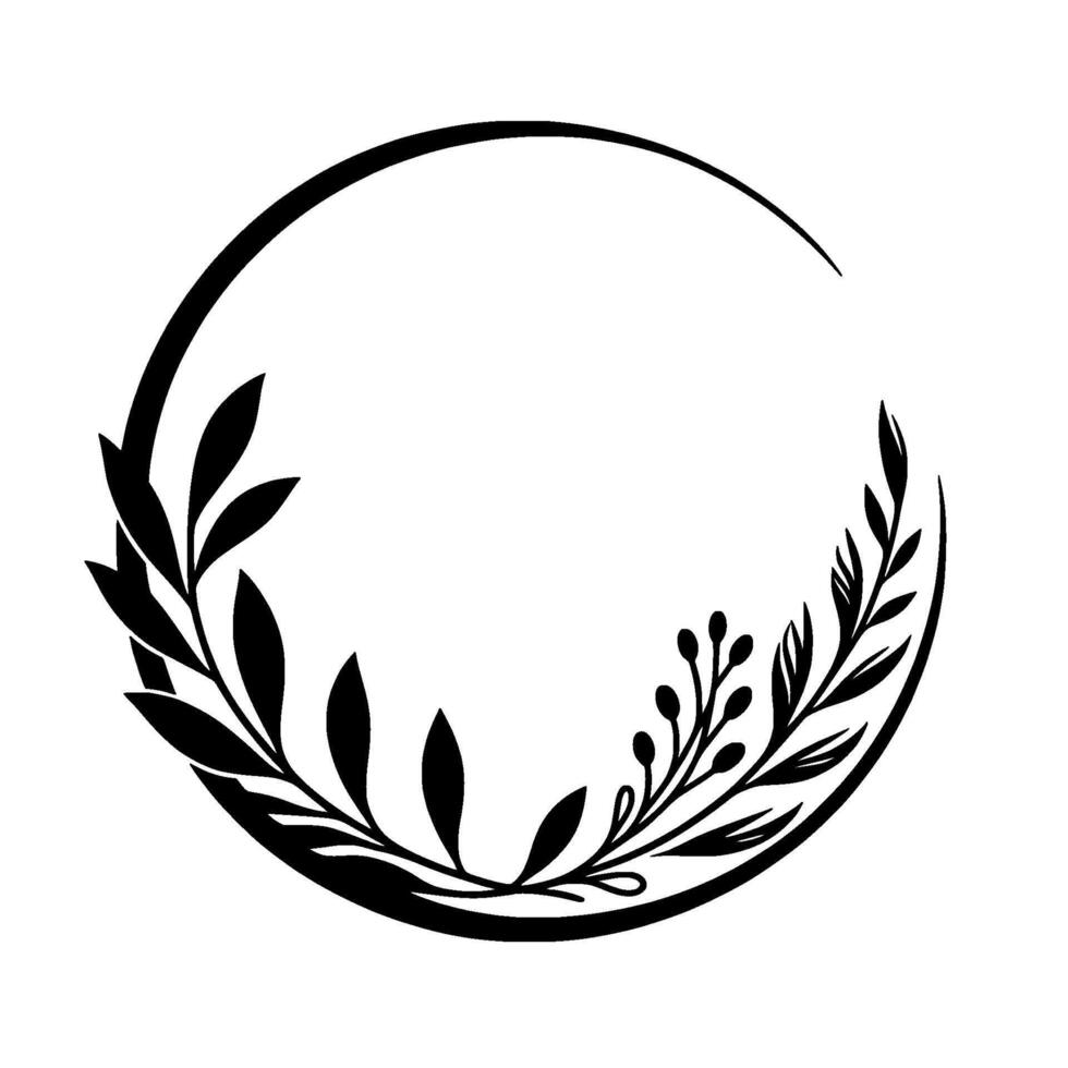 A minimal black and white botanical wreath design, leaves and berries arranged in a circular pattern, ideal for branding. vector
