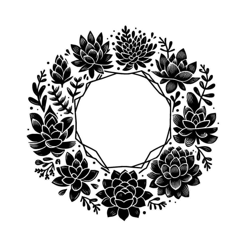 Intricate Black and White Wreath Design, Featuring Stylized Succulents and Geometric Frame Center, Perfect for Invitation Cards. vector