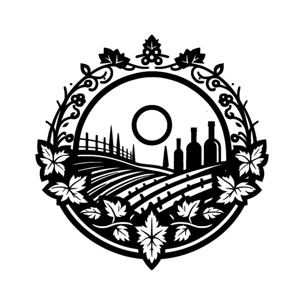 Black and White Circular Vignette of a Vineyard, Bottles, Sun, and Vine Leaf Border. vector