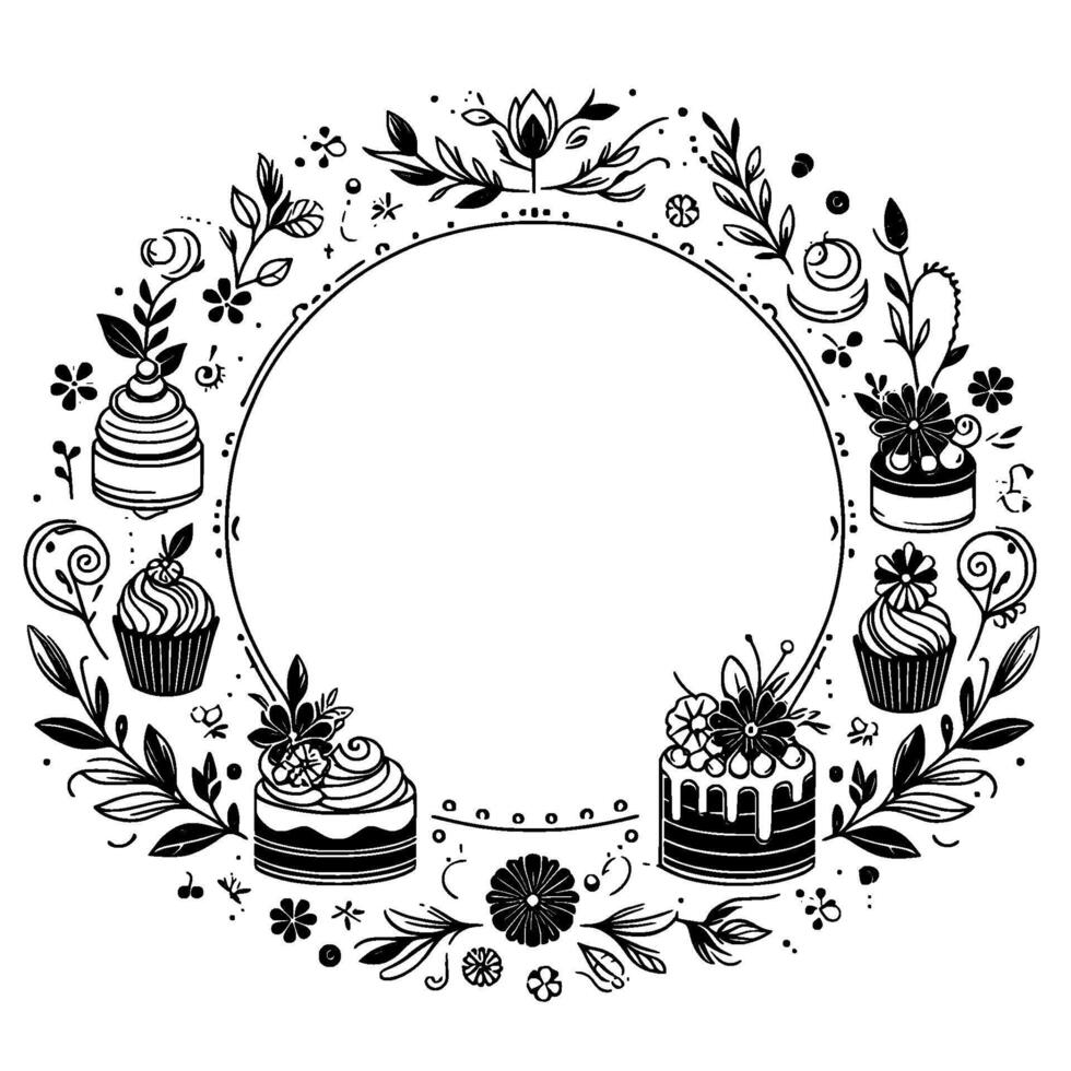 Intricate black and white circular illustration featuring cakes, cupcakes, florals, and foliage encircling a blank, open space. vector