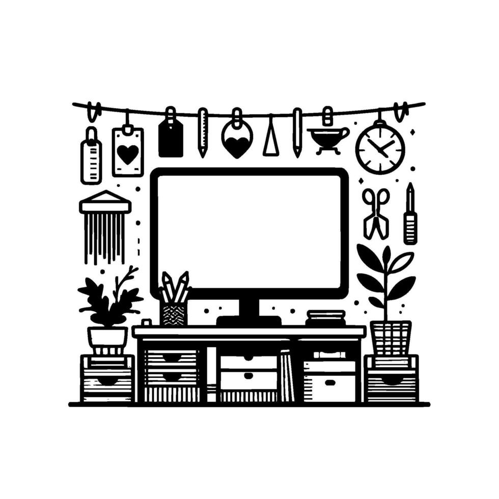 Whimsical Black White Illustration of a Home Office Desk with a Computer, Hanging Decor, and Accessories. vector