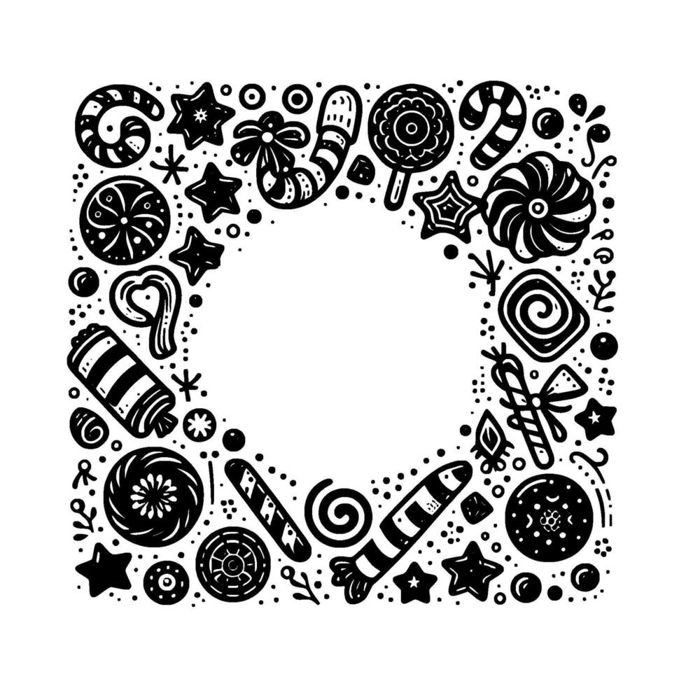 Whimsical Black and White Candy Frame A Decorative Border of Lollipops, Stars, and Sweets Surrounding a Blank Center. vector