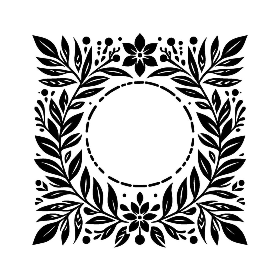 Elegant Black White Floral Crest Symmetrical Botanical with a Circular Center for Customization. vector