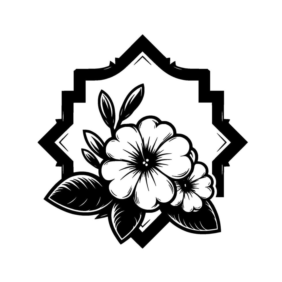 Elegant black and white floral illustration, featuring stylized flowers, leaves, and buds within a geometric, ornamental frame. vector