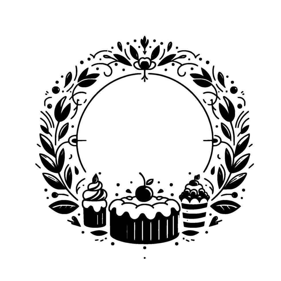 Elegant Black White Cake and Cupcake Arrangement Within an Ornate Floral Wreath, Ideal for Invitations or Designs. vector