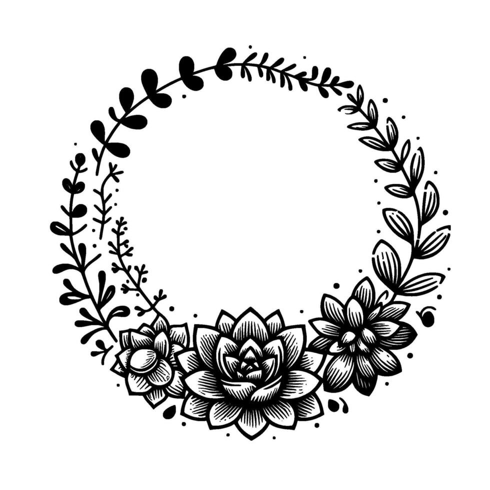 Intricate Black and White Floral Wreath with Succulents, Leaves, and Decorative Dots on a Bright Background. vector