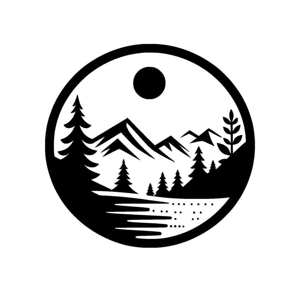 Black and White Circular Illustration of a Mountain Landscape with Pine Trees, Lake, and Sun vector