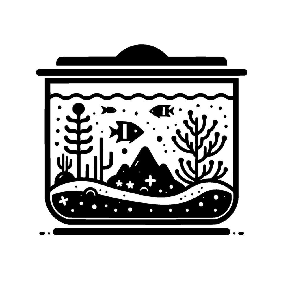 Minimalist Black and White Illustration of a Contained Ecosystem with Fish, Plants, and Mountains within a Rectangular Glass Tank. vector