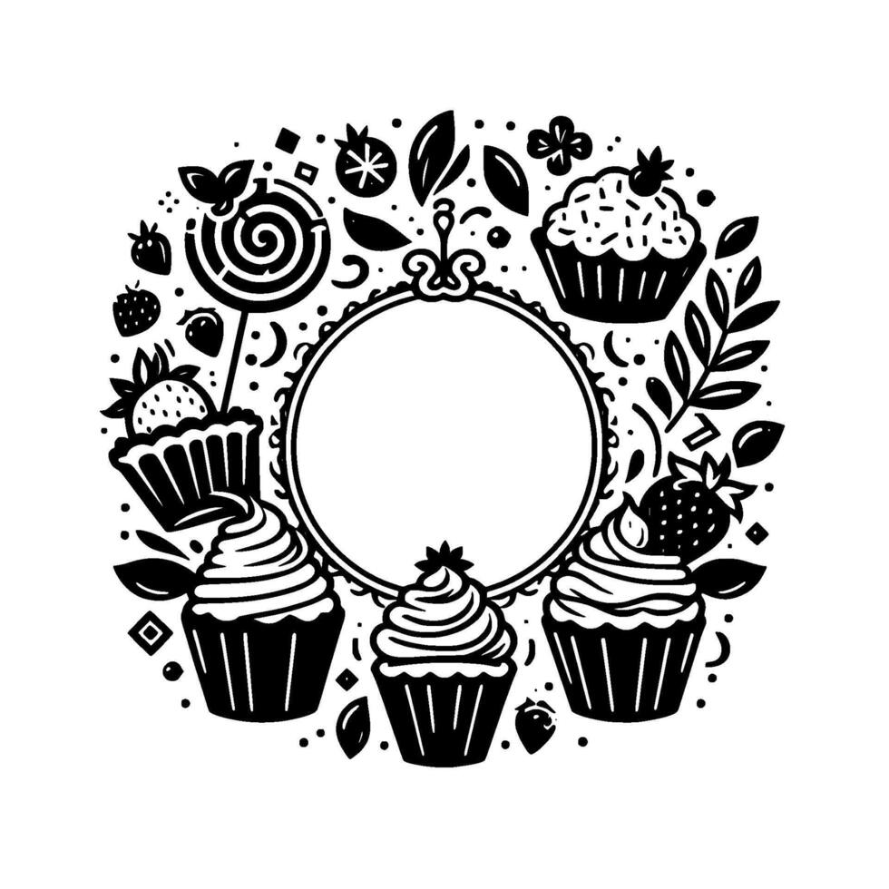 Ornate Black White Cupcake Sweet Treat Wreath Surrounding Empty Circle Frame, Delightful Dessert Illustration. vector