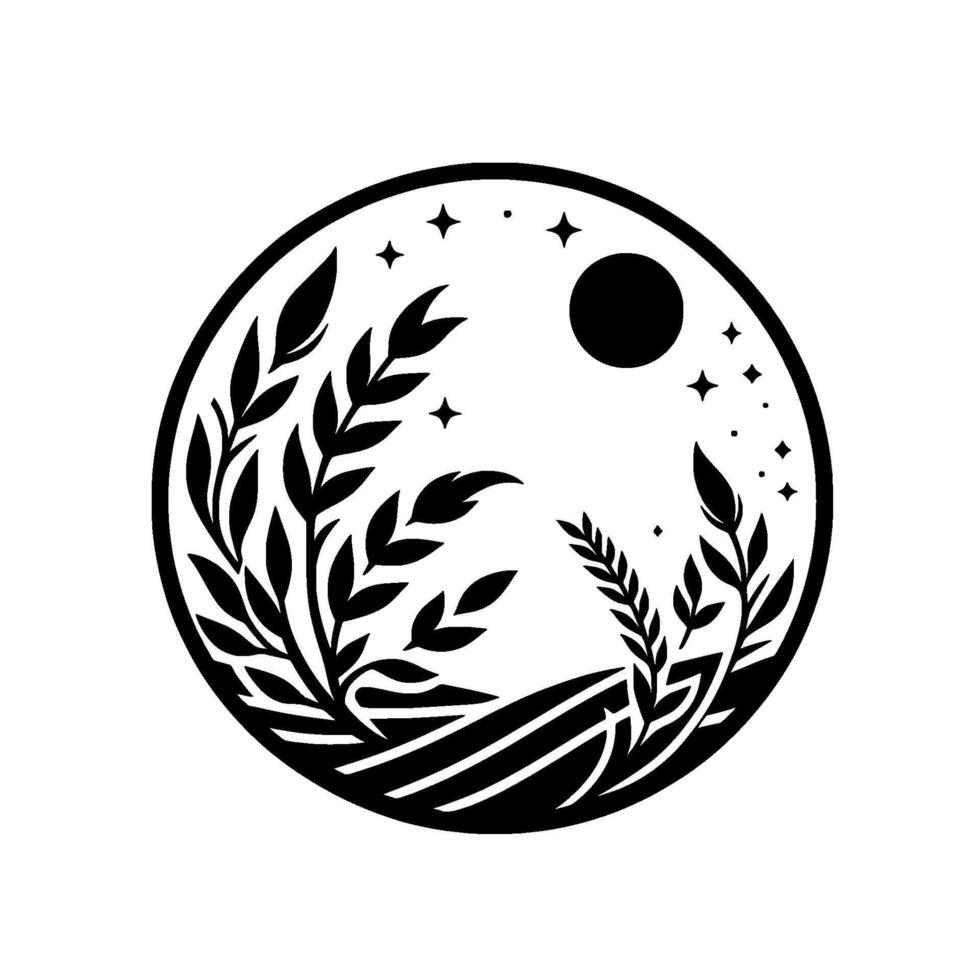 Circular black and white nature featuring leaves, field lines, moon, and stars, within a minimalist, artistic composition. vector