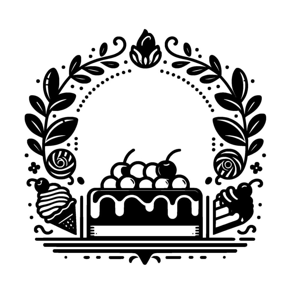 Black and white illustrated dessert scene, featuring a cherrytopped cake framed by a leafanddot arch, ice cream cones, and a slice. vector