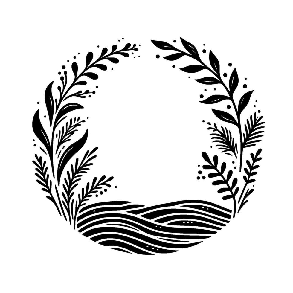 Minimalist Black and White Circular Nature Featuring Leaves, Berries, and Water Lines Forming a Wreath or Emblem. vector