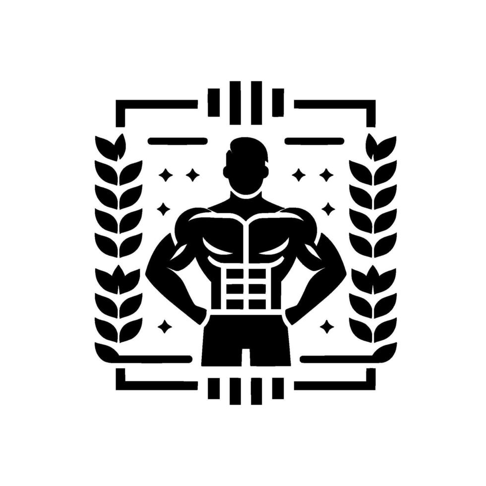 Illustration of a Muscular Man in a Laurel Wreath, Symbolic of Strength, Fitness, and Achievement, enclosed in a Modern Geometric Frame. vector