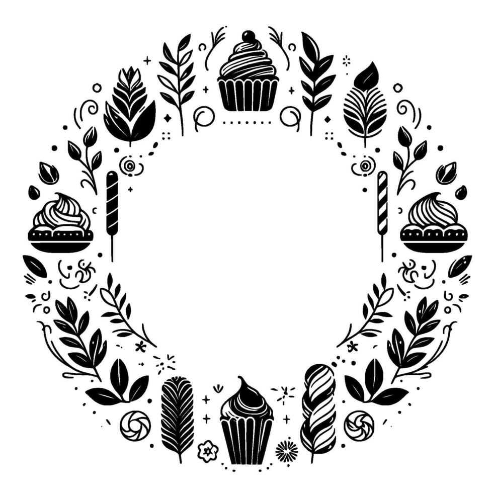 Black and White Circular Illustration Cupcakes, Leaves, Feathers, Sweets, and Decorative Elements in a Wreath Composition. vector