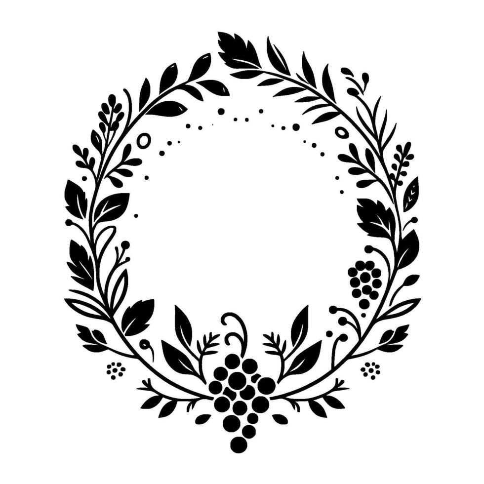 Elegant Black and White Floral Wreath with Grapes and Leaves, Minimalist on a White Background vector