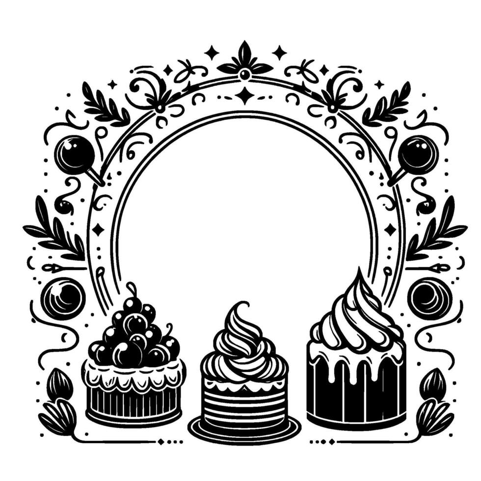 Black and White BakeryThemed Illustration with Cakes, Ornate Circular Frame, and Decorative Floral Elements. vector