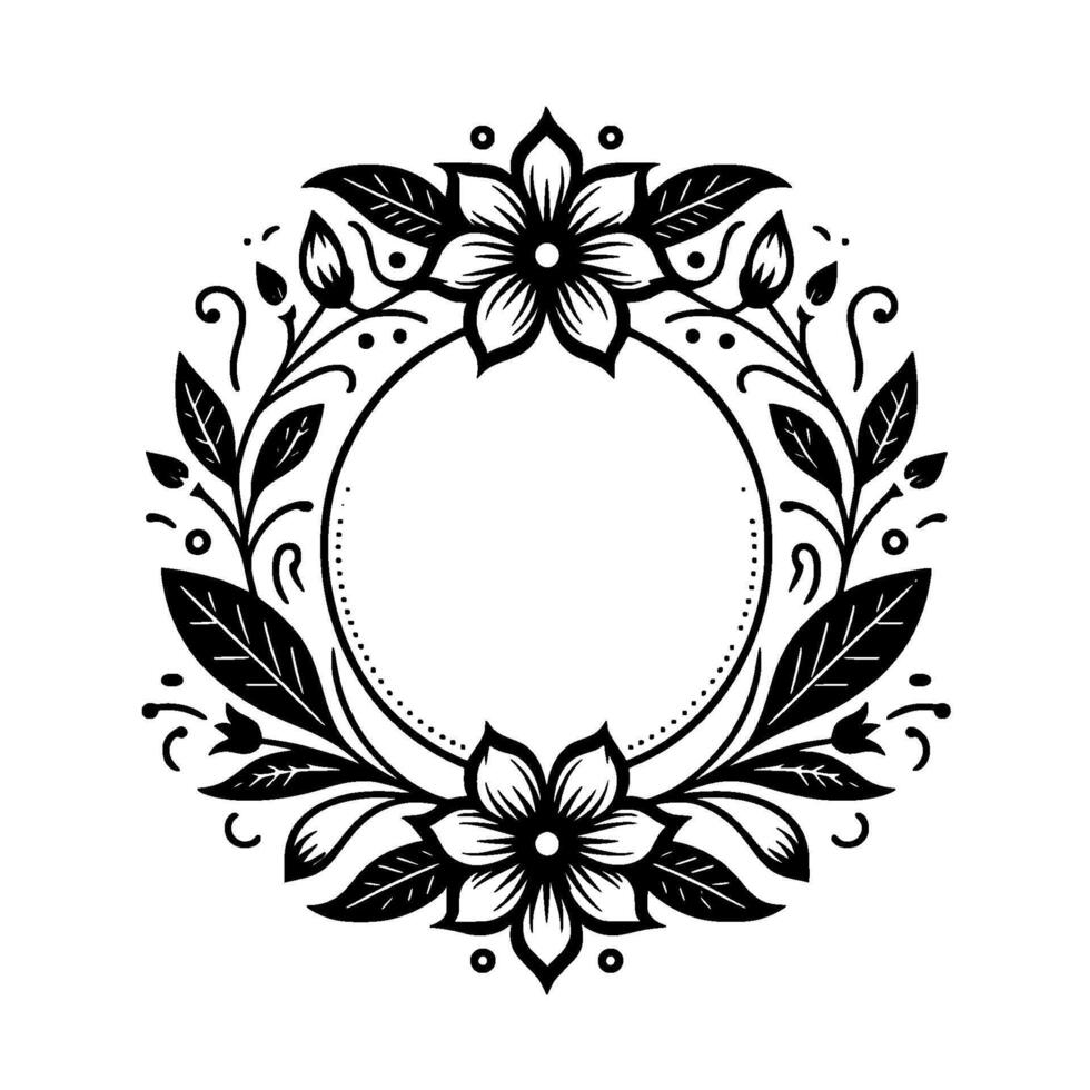 Elegant Black and White Floral Wreath Illustration, Detailed with a Circular Empty Center for Text, Perfect for Wedding Invitations, or Decorative Embellishments vector