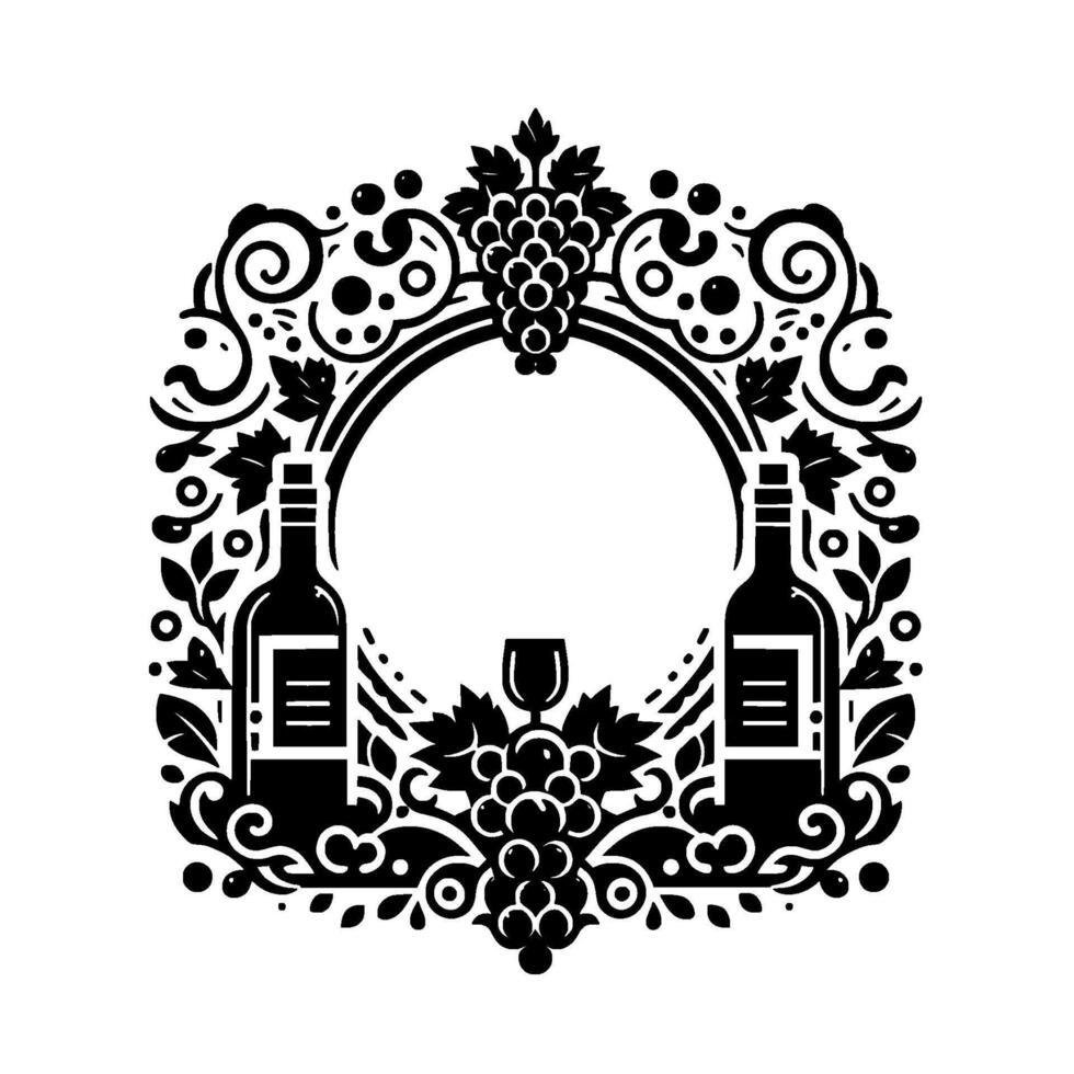 Elegant Black White WineThemed Crest featuring Bottles, Grapes, and a Glass within a Decorative Circular Frame. vector