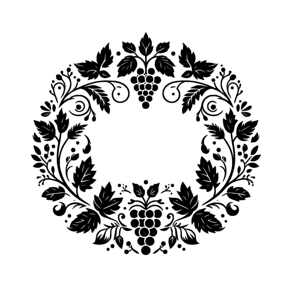 Elegant Black and White Floral Wreath Illustration Featuring Grapes, Leaves, and Ornate Swirls with a Central Open Space. vector