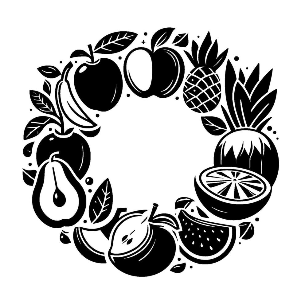Black and white illustrative fruit wreath Apples, pears, pineapples, bananas, watermelon, and orange slices arranged in a circular pattern with leaves. vector