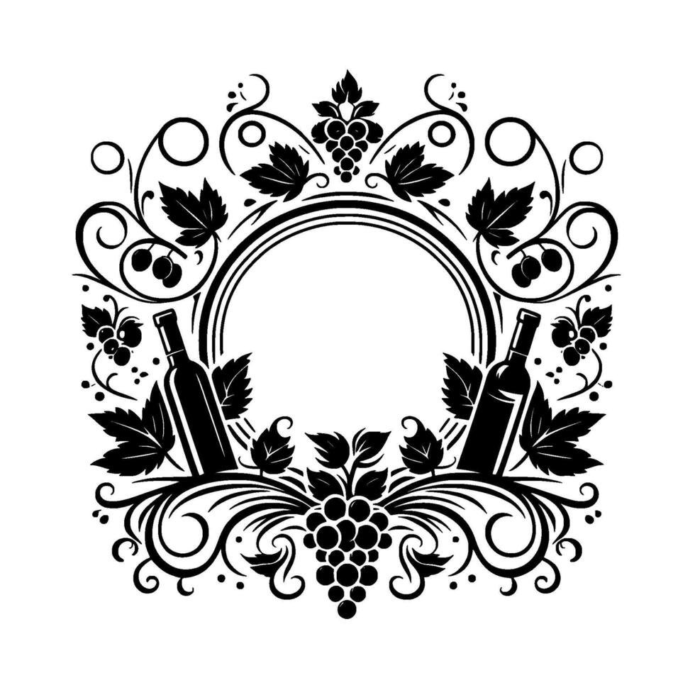 Elegant Black and White Wine Crest A Circular Frame with Grapes, Leaves, and Wine Bottles, Ideal for Labels and Logos. vector