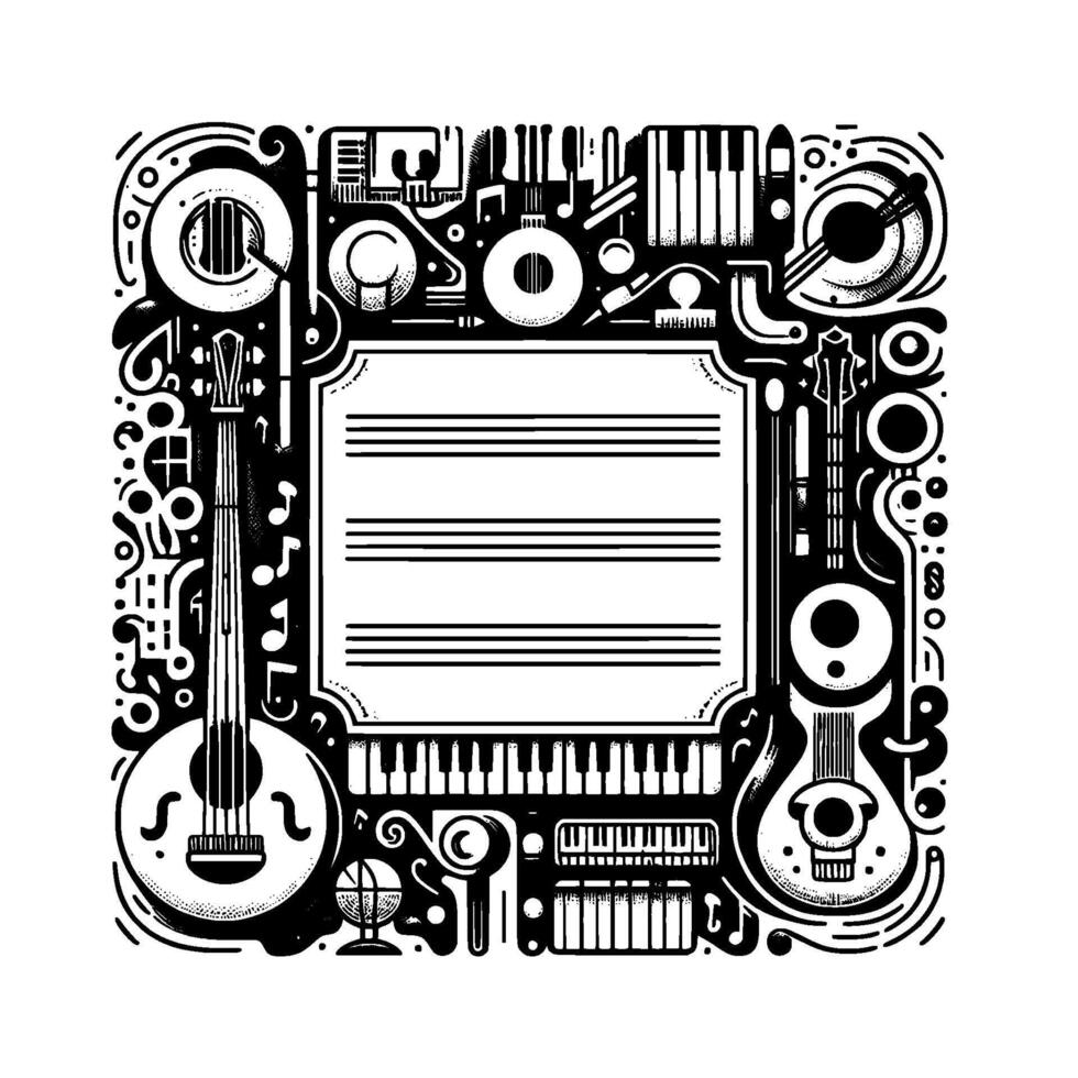 Intricate monochrome illustration of musical instruments surrounding a blank music sheet, in a symmetrical, ornamental style. vector