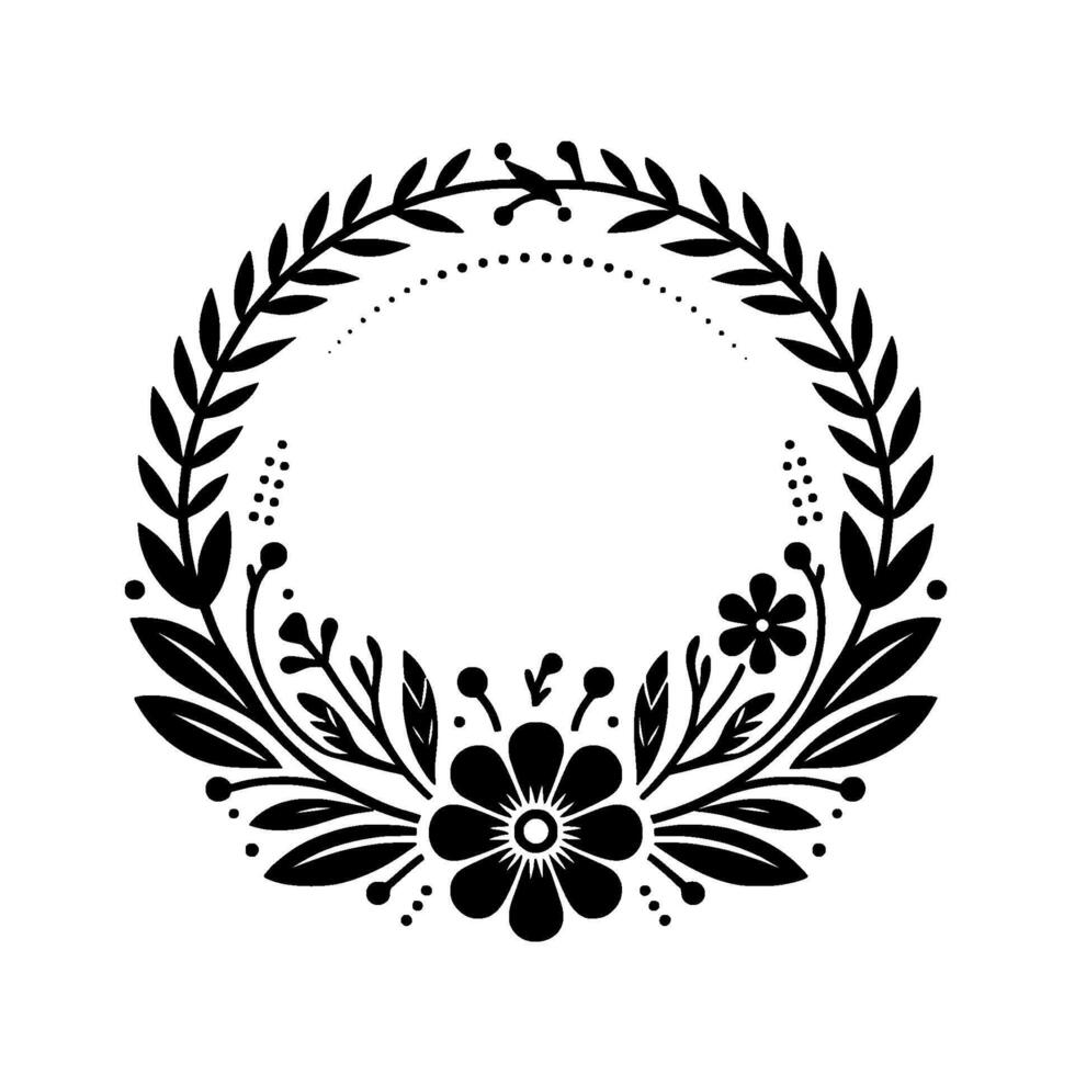 Intricate Black and White Floral Wreath Decorative circular frame of stylized leaves, flowers, and dotted accents, isolated on a clean white background. vector